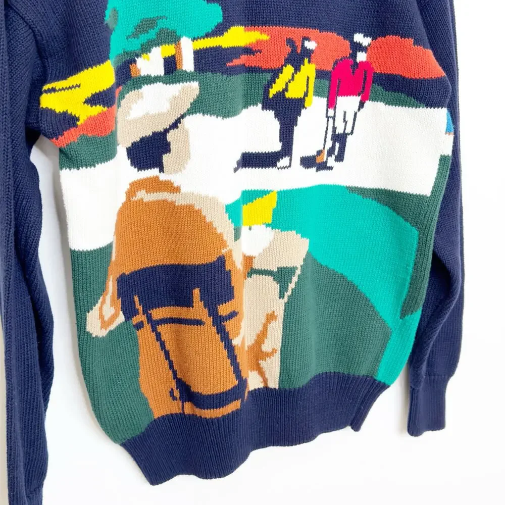 NWT Vintage Hathaway Golf Course Scene Navy Knit Sweater M